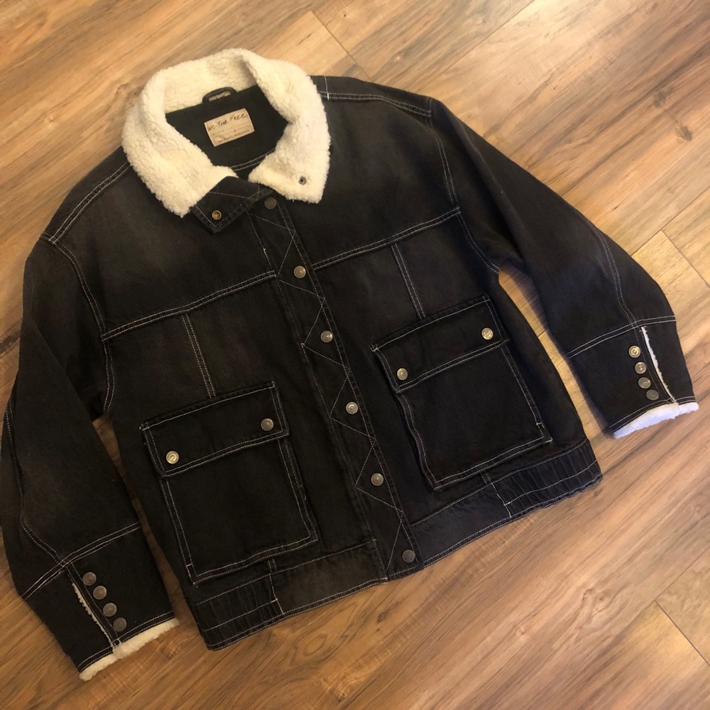 FP Ariel Cozy Denim Bomber in Washed Black